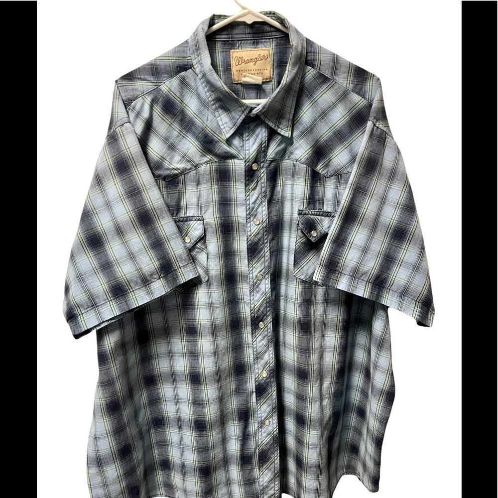 Vintage western wear, vintage wrangler, short sleeve pearl snaps button up, XXL